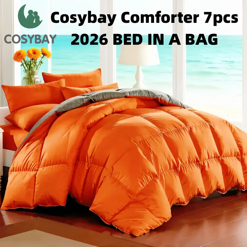 Cosybay 7PC Comforter Sets Queen, King Size Luxury Soft Fluffy Pinch Pleated Bedding With 1 Comforter + 1 Fitted Sheet + 1 Cooling Bed Sheet + 4 Pillowcases & Pillow Covers, ( include 7pcs Random Color) Must-Have Bedding For Home & Dorm,Father's day