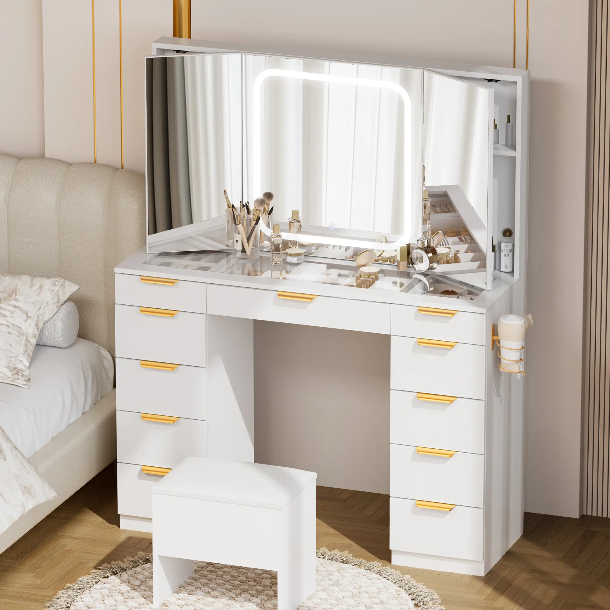 【SHIPS IN 2 BOXES】Pamapic 11 Drawers Vanity Desk with Foldable Mirror, Glass Top Makeup Vanity with LED Lights, 3 Lighting Modes, Golden Handles Dressing Table with Chair and Power Outlet