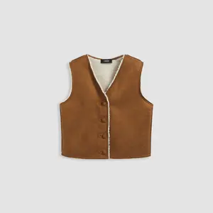 Cider [size 2-26] Reversible Faux Shearling V-neck Solid Button Contrasting Binding Vest