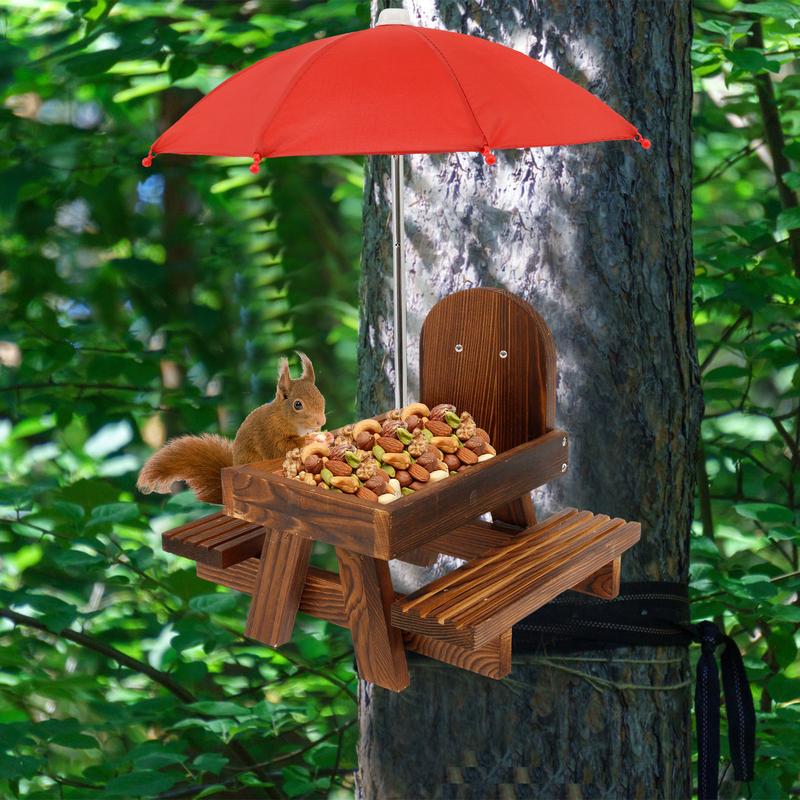 Wood Squirrel Feeder with Red Umbrella Carbonized Squirrel Picnic Table Waterproof Chipmunk Feeder Funny Squirrel Feeder Picnic Table for Squirrel Gift