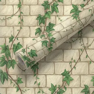 1 Roll 44.5cm/17.5in Wide Brick & Ivy Peel and Stick Wallpaper, Beige Green Self Adhesive Wallpaper, Waterproof Oil-Proof Removable Easy to Cut Wall Sticker for Living Room, Bedroom, Furniture Renovation