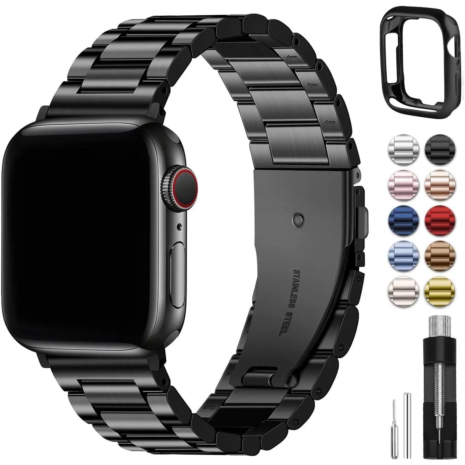 Compatible Apple Watch Bands 45mm 44mm 42mm 46mm 49mm 41mm 40mm 38mm, Metal iWatch Band with Case for Apple Watch Series 9 8 7 6 5 4 3 2 1 SE 10 Ultra, 42mm 44mm 45mm Black