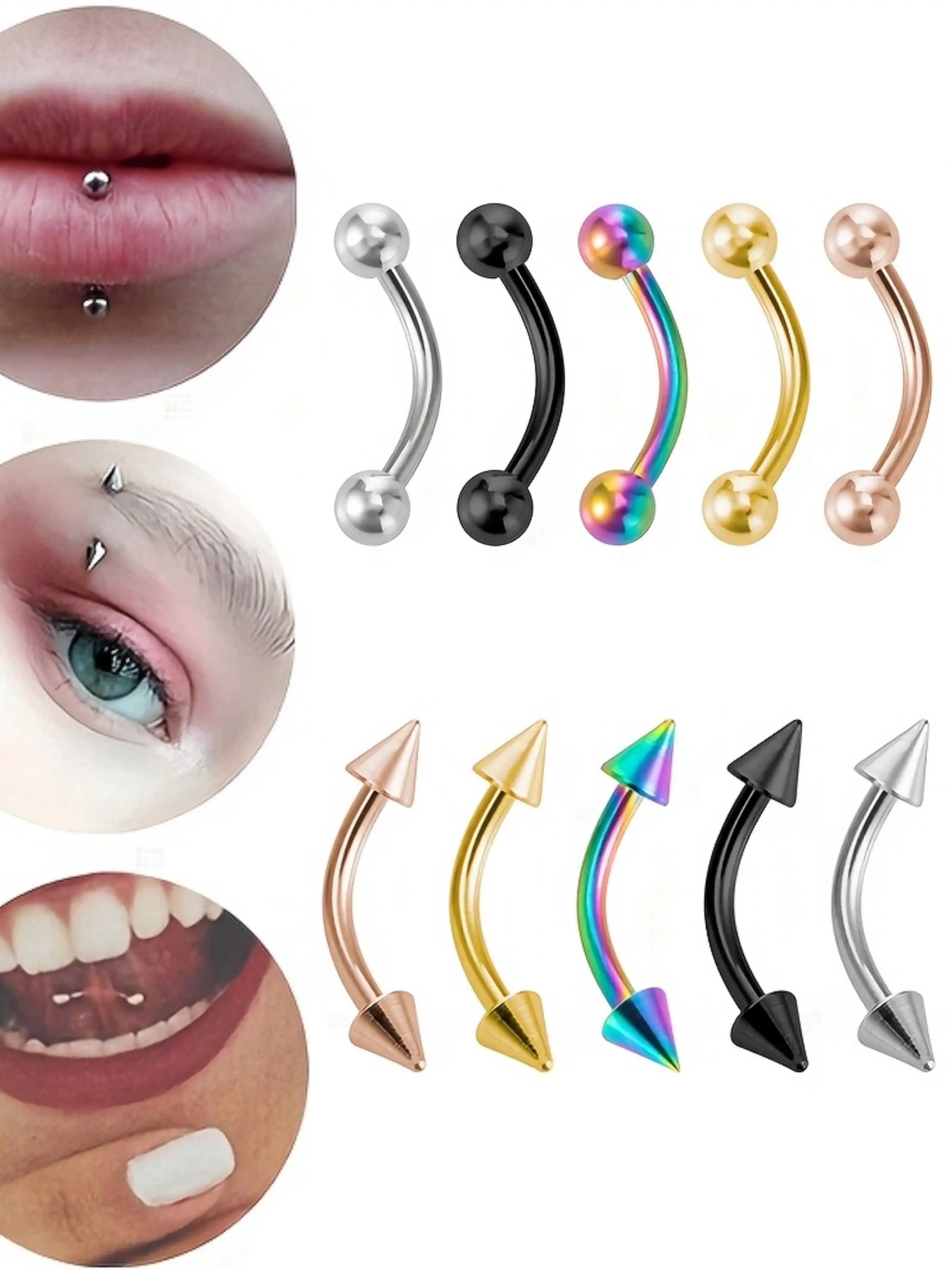 10pcs Lip Stud Earrings Set, Eyebrow & Nose Piercing, Curved Barbell, Banana Ring, Tongue Navel Rings, Stainless Steel, 16g, Body Piercing Jewelry