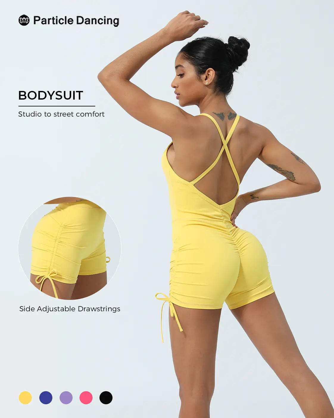Women’s One Piece Workout Romper, Open Back Cross Strap Athletic Unitard with Adjustable Side Ruched Shorts, Soft Stretch Yoga Jumpsuit for Pilates, Gym, Running & Clean Girl Athleisure