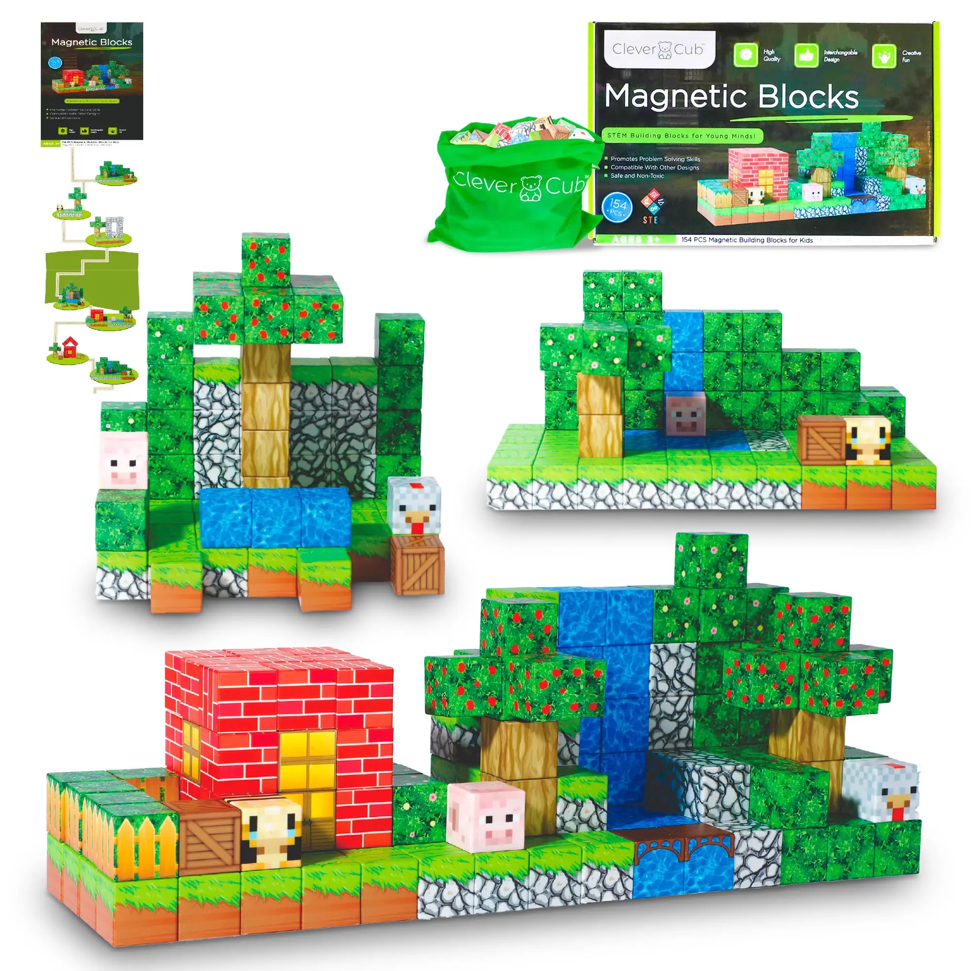 Clever Cub Farm Animal Magnetic Blocks Set - 154-Piece Cube Magnets for Kids