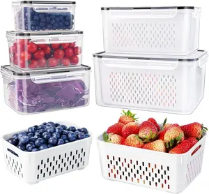 5 Pack Fruit Frige Organizers and storage - Stackable Fruit Storage Containers for Fridge with Removable Colanders,BPA-Free Food Storage Container for Salade Berry Lettuce Vegetable Meat Keeper Fresh 4 in 1 with Lids