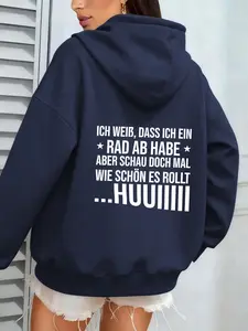 Optimistic German Slogan Hoodie, Elegant Casual, Fall & Winter Fitted Sweatshirt, Light Social Occasions, Chic and Playful Style