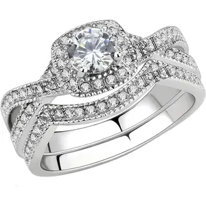 Stainless Steel Rings for Women Infinity Wedding Set Round CZ Cubic Zirconia Halo Engagement Bridal  Set