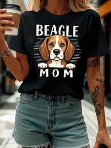 Beagle Mom's Gentle Gaze Letter Print T-shirt, Short Sleeve Crew Neck Casual Top for Summer & Spring, Women's Clothing