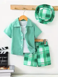 Boys' Summer Fashion Set, Pure Color Collared Short Sleeve Shirt, Lightweight Breathable Plaid Shorts, Sun Hat, 3-Piece Set