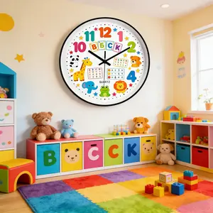 Silent Noisy Cartoon Early Education Wall Clock, Cute Animal Number Clock for Kids Bedroom, Classroom Study Room Decor