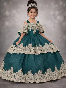 Resndon Emerald Green Girls Party Dress with Gold Appliqués