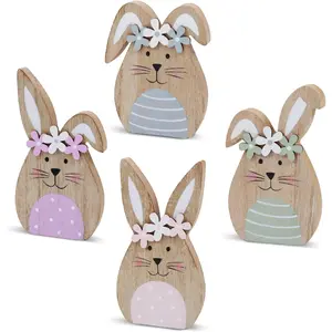 4 Pack Wooden Easter Bunny Table Decorations Easter Peeps Decor Spring Wood Bunnies Rabbit Ornament Farmhouse Tabletop Decor for Party Tiered Tray Mantle Desk Office Home Party Patio Yard Decor