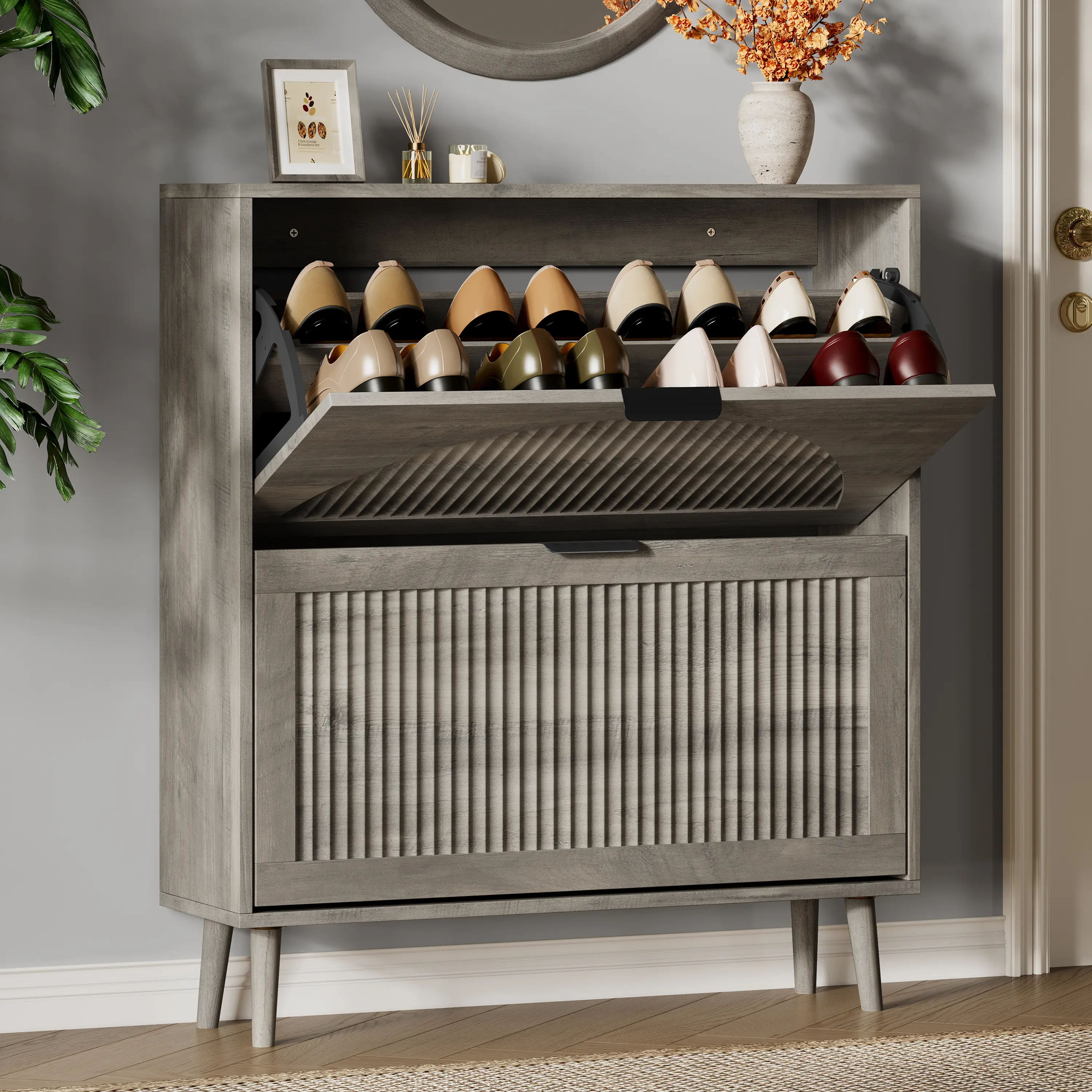 Shoe Storage Cabinet with 2 Flip Drawers, 36" Tall Narrow Fluted Shoe Organizer, Freestanding Hidden Shoe Rack with Wooden Design for Entryway, Foyer, Hallway and Front Door