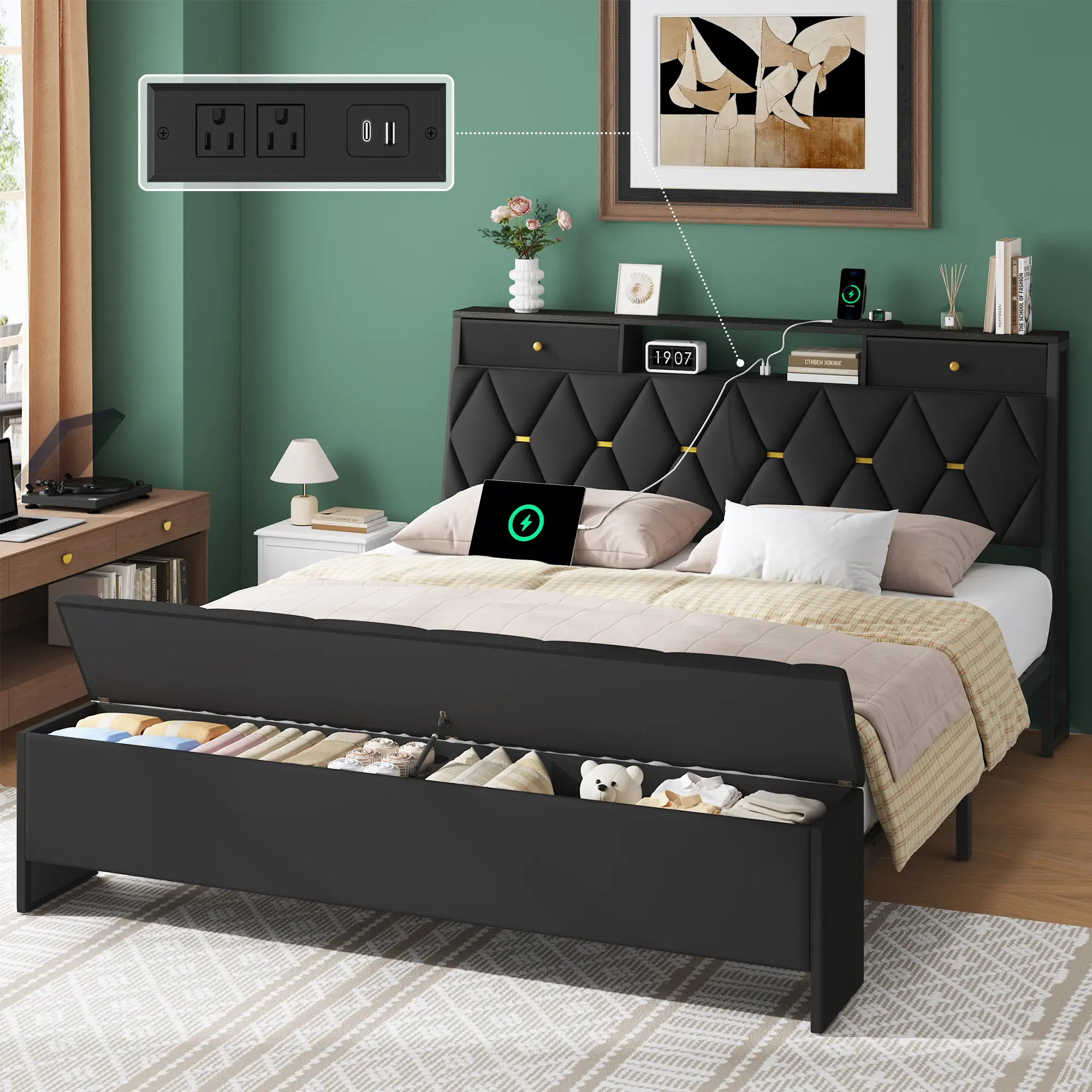 TryLazy Modern Bed Frame with Storage Headboard and Storage Bench, Charging Station Bed Frame Queen Size with Storage Ottoman,Metal Slats Support,No Box Spring Needed