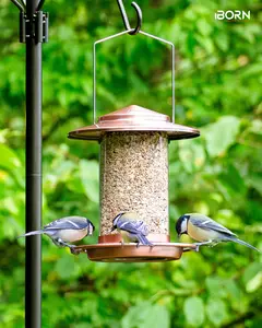 iBorn【Cardinals' Copper Cafe】Metal Bird Feeder - 6 Ports Brushed Copper  Large Drainage Roof & Easy-Clean Tray (Outdoor Hanging Elegance)