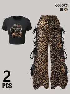 🔥TikTok Hot Selling 2-Piece Leopard Cherry Set Y2K Style Crop Top with Bow Wide-Leg Pants | Women's Trendy Streetwear | 2026 Fashion Set | Perfect for Casual & Party | Available in White & Leopard