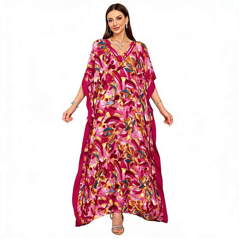 Women's Casual Bohemian Batwing Kaftan Dress - Lightweight, Soft, Chic, Breathable, Elegant Ethnic Print Oversized Maxi, Deep V/V-Neck, Hand Wash, Versatile Comfortable Fit, Beach Holiday Cover-Up