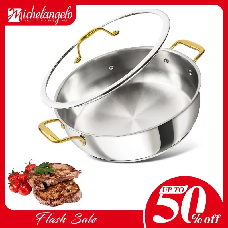 MICHELANGELO Stainless Steel Pan with Lid - 7 Quart Saute Pan, Deep Frying Pan with Lid, Dishwasher and Oven-Safe, All Cooktops Compatible, 12 Inch