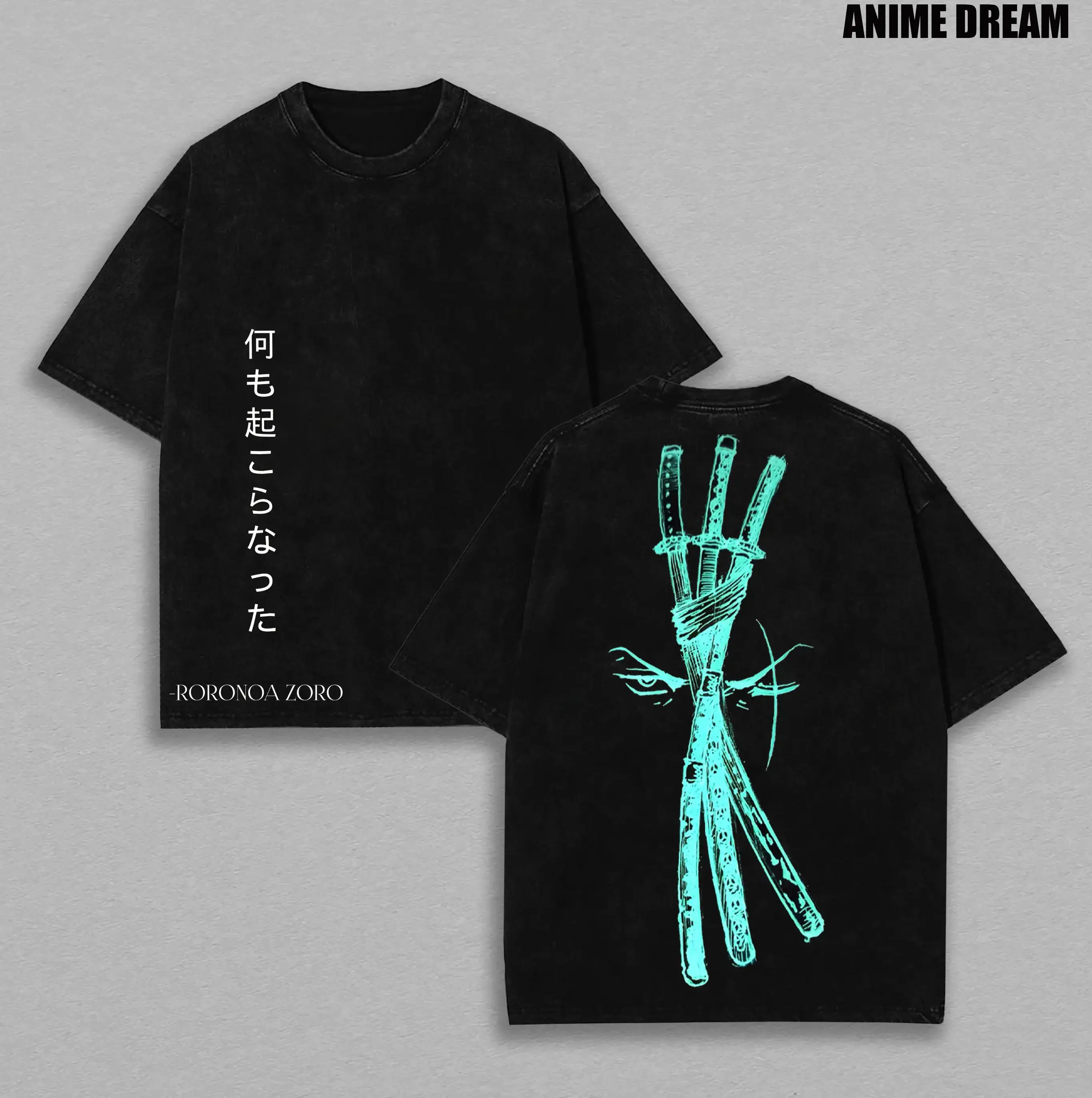 One Piece Washed Tee, Zoro Green Vintage Washed Tee Vintage Graphic 90s, Unisex Oversize Anime Manga Acid Washed Lightweight Cotton T-Shirt, Hoodies & Sweater Wash Gift For Anime Fan, Anime Lover