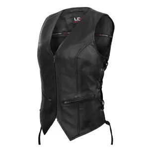 Women’s Leather Motorcycle Vest – V-Neck Cowhide Biker Vest with Side Laces, Concealed Carry Pockets & Zipper Closure