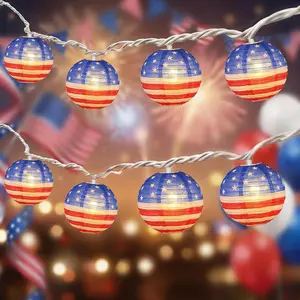 8.5Ft American Flag Lanterns String Lights Outdoor, 4th of July Decorations with 10 Nylon Mini Lanterns, Connectable Plug-in Red White Blue Lights for Independence Day Memorial Patriotic Party