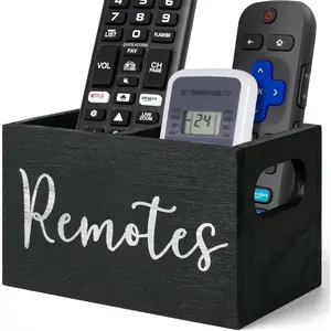 Remote Control Holder, Wooden TV Remote Holder for Table, Remote  Organizer with 2 Compartments, Media Storage Box for Nightstand, Bedside (Black)