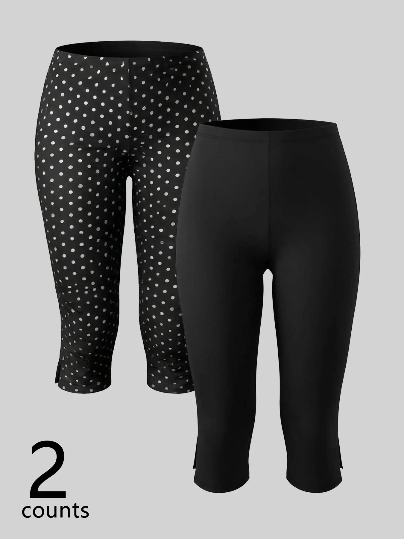 Women's 2 Pieces Polka Dot Solid Capri Pants Set, Elastic Stretch Fabric Slim Fit Cropped Trousers With Side Slit, Casual Summer Pants For Daily Wear & Travel, Elastic Waist, Bottoms, Cropped Length