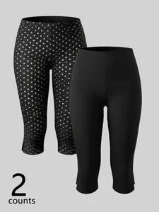 Women's 2 Pieces Polka Dot Solid Capri Pants Set, Stretch Slim Fit Cropped Trousers With Side Slit, Casual Summer Pants For Daily Wear & Travel, Womenswear