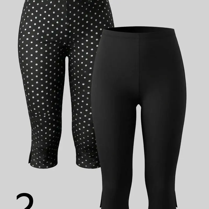 Women's 2 Pieces Polka Dot Solid Capri Pants Set, Elastic Stretch Fabric Slim Fit Cropped Trousers With Side Slit, Casual Summer Pants For Daily Wear & Travel, Elastic Waist, Bottoms, Cropped Length