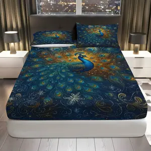 3Pcs Peacock Elegant Luxurious Fitted sheet Three Piece Set (1*Fitted Sheet+2*Pillowcases, Coreless), Exotic theme, Peacock Design Bedding Set, Mattress protector Soft, Breathable