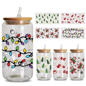 4Sheet Christmas Tree Candy Canes UV DTF Cup Wrap Transfer for Glass, Rub on Transfers Stickers for Crafting, UV DTF Transfer Waterproof Sticker for 16OZ Glass Cups Furniture DIY Crafts