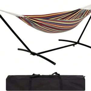 Double Hammock with Stand 450 lbs Capacity Steel Stand, Comes with Premium Tote Bag. Suitable for Indoor and Outdoor Use, Brazilian Style Cotton Bed Suitable for Backyard, Camping, Garden