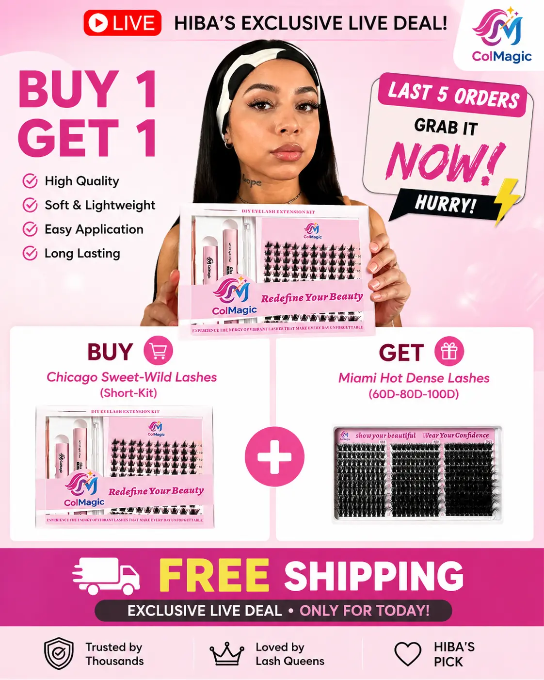 COLMAGIC LASHES BIG SALES BY 1(Pink upper lash set) GET 1 （60D-80D-100D）Wispy Natural Dense Bunny Lash Clusters Kit - Fairy Individual Spikes, C Curl, 8-14mm, Invisible Band Waterproof Eyelash Extensions for Daily Manga Flawless Makeup
