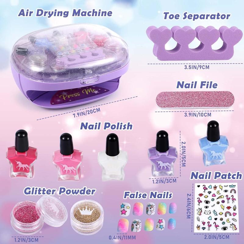 Kids Nail Polish Set for Girls, All-in-One Nail Art Kit - Nail Dryer/ Nail Polish/ Glitter Powder/ False Nails/ Nail Decals/ Toe Separator/File, Age 3-12 Little Girl Gift Toys