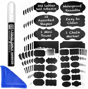 Premium Quality Chalkboard Labels for Jars 162pcs - Waterproof Reusable Chalk Sticker Labels for Containers Storage Jars - 12 Unique Shapes & 3 Sizes Includes Erasable Liquid Chalk Marker & Mini Towel Pack of 162
