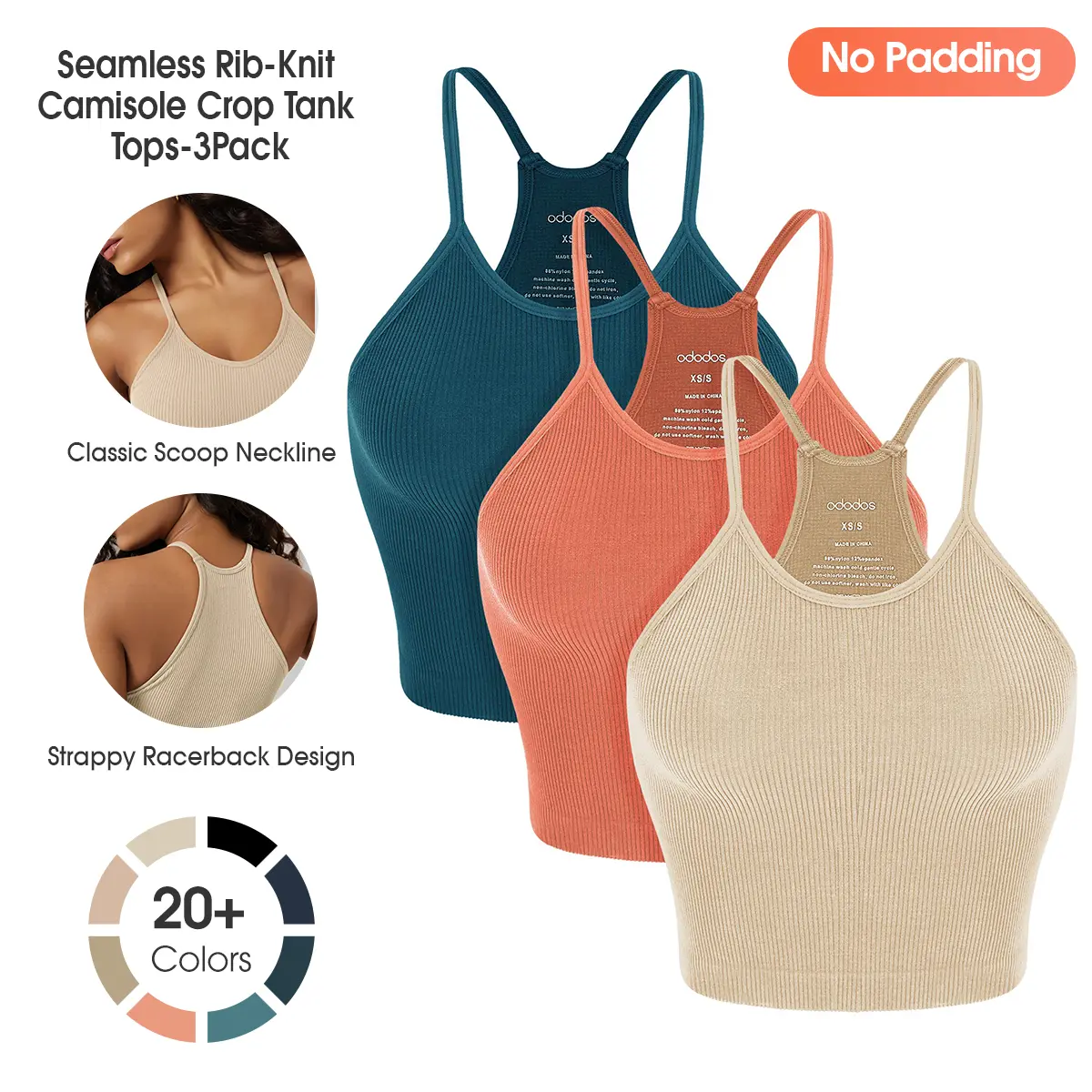 ODODOS Women's Crop 3-Pack Seamless（No Padding) Rib-Knit Camisole Long Crop Tank Tops