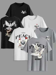 Men's Graphic Letter Pigeon Print Round Neck Short Sleeve T-Shirt, Casual Comfortable Fitted Top, 3 Pack, Daily Wear