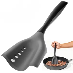 2-in-1 Slotted Silicone Spatula Turner – Heat Resistant Non-Stick Kitchen Utensil for Ground Beef, Burgers & Frying Pan Cooking, Ergonomic Heavy Duty Cooking Tool