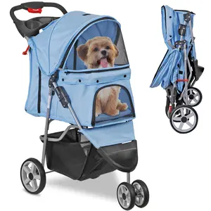 ZENY 3-Wheel Pet Stroller Foldable Dog Cat Stroller Cart Stroller W/Cup Holder & Storage Basket, Blue
