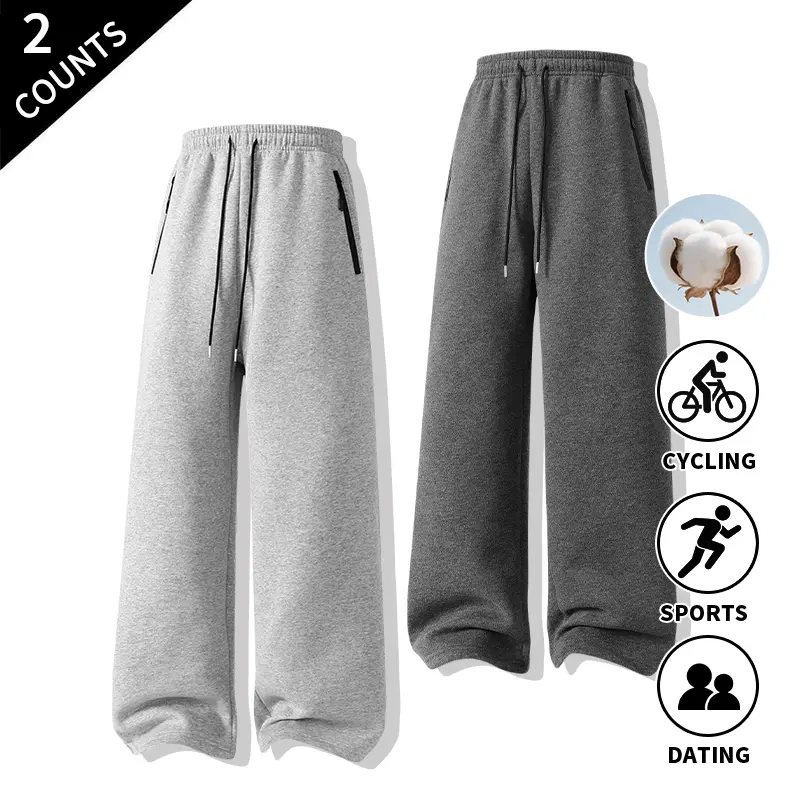 2-Pack Men’s Straight-Leg Sweatpants, Cotton Drawstring Casual Athletic Pants with Zipper Pockets