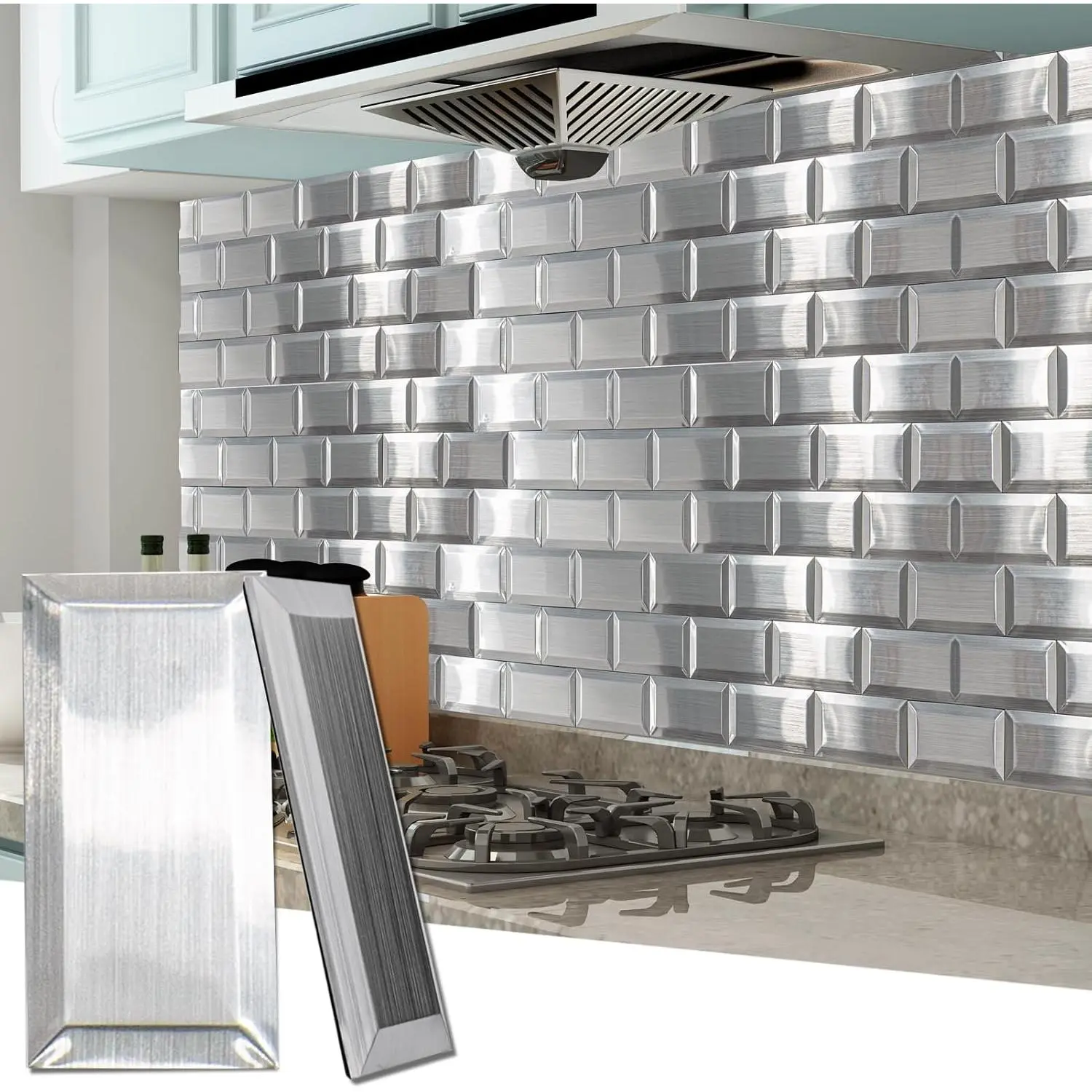 100-Count Peel and Stick Backsplash Tiles, 3x6 in 3D Textured Durable Aluminum Metallic Finish 3D Stainless Stick-On Subway Wall Tiles, Easy-to-Use for Kitchen Splashes, Bathroom