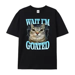 Funny Cat Meme T-Shirt - 'Wait I'm Goated' Silly Saying Graphic Tee -  Crewneck Short Sleeve