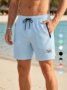 Men's Seersucker Fabric Board Shorts with Triangular Mesh Lining, Summer Casual Beach Shorts with 2 Zippered Side Pockets, Breathable Quick Dry Swim Shorts, Drawstring Elastic Waistband Swimwear, Swimming Shorts