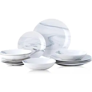 12-Piece Round Kitchen Dinnerware Set, Plates, Bowls, Service for 4, Blue and White Marble