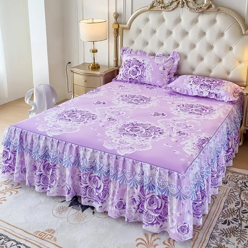 Floral Print Ruffled Edge Bed Skirt Set, 3 Counts/set Including 1 Bed Skirt & 2 Pillowcases without Filler, Comfy Bedding Set for Home Bedroom