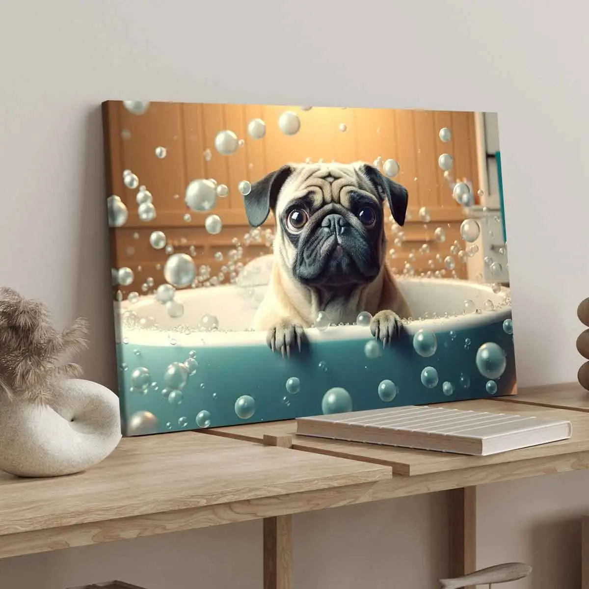 Pug Bathing Bubble Pattern Wooden Framed Canvas Painting, Modern Character Art Poster, Graphic Prints, Wall Art Decor for Home Living Room Bedroom Office, Ornaments