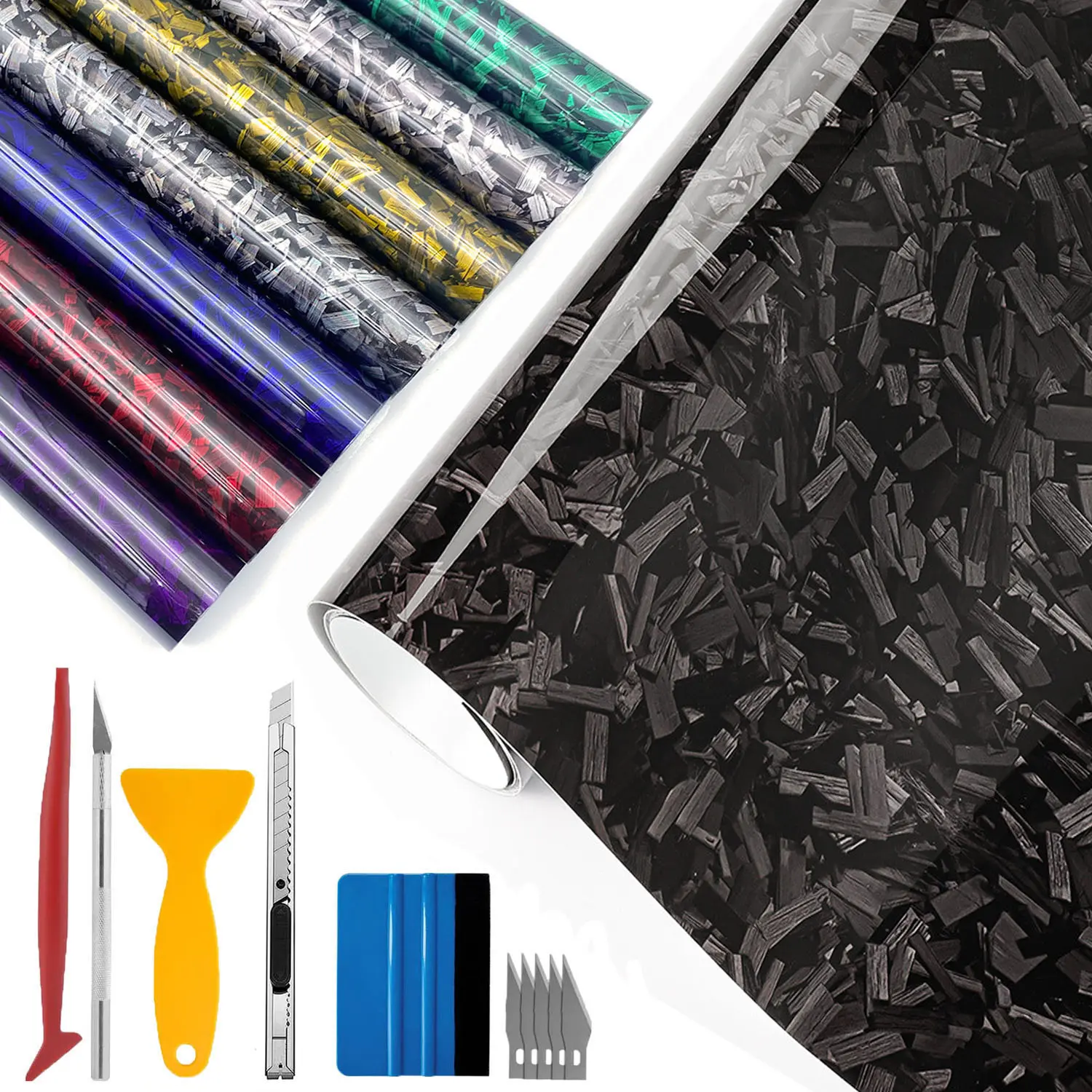 Forged Carbon Fiber PVC Vinyl Roll Wrap (1*5ft/12x59in/30*150cm), Glossy Heat-Resistant Bubble-Free Air Release Car Film, Universal Fit for Car Moto ATV DIY Projects with Installation Tools