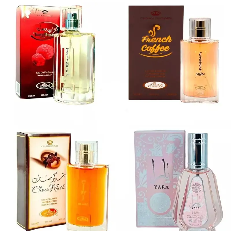 (4pc Bundle Pack) Al-Rehab Choco Musk + French Coffee + Tooty Musk + Ard Al-Zaafaran Yara 50ml Perfume Spray