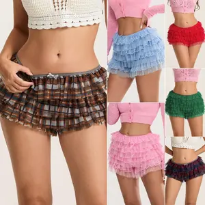 Women Lace Bloomers Shorts, Casual Summer Layered Ruffles Elastic Short Pants for Vacation Beach Club Streetwear, Ladies Clothes for Daily Wear（gift）Gift